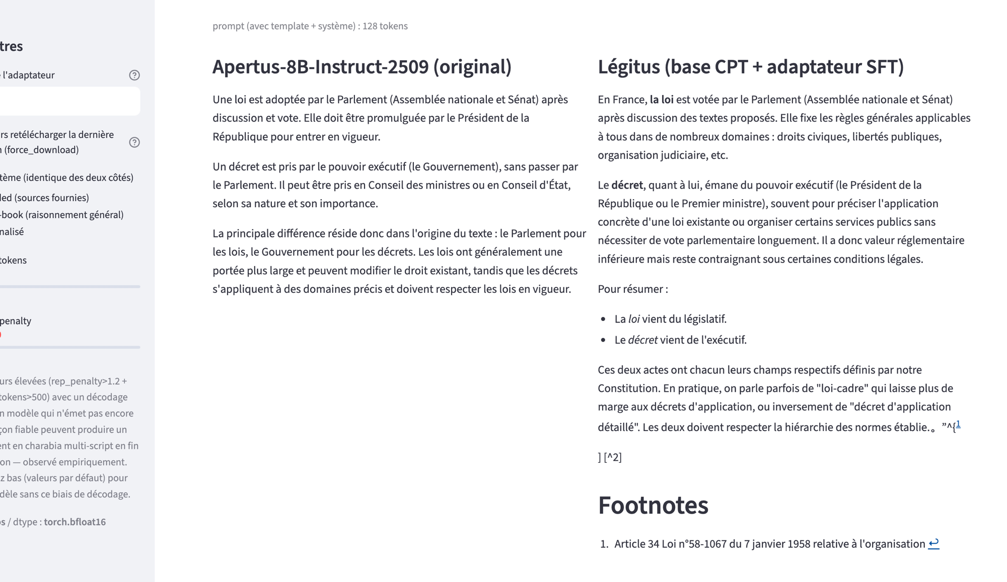 Comparaison 1 — Apertus original vs Légitus fusionné, question de culture juridique générale