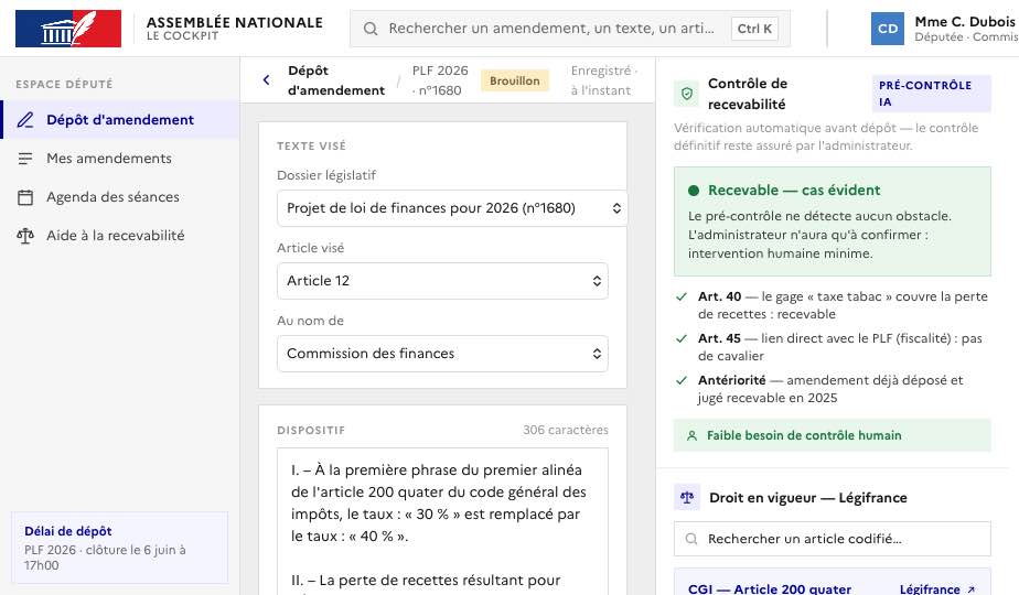 Espace député : pré-contrôle de recevabilité avant dépôt