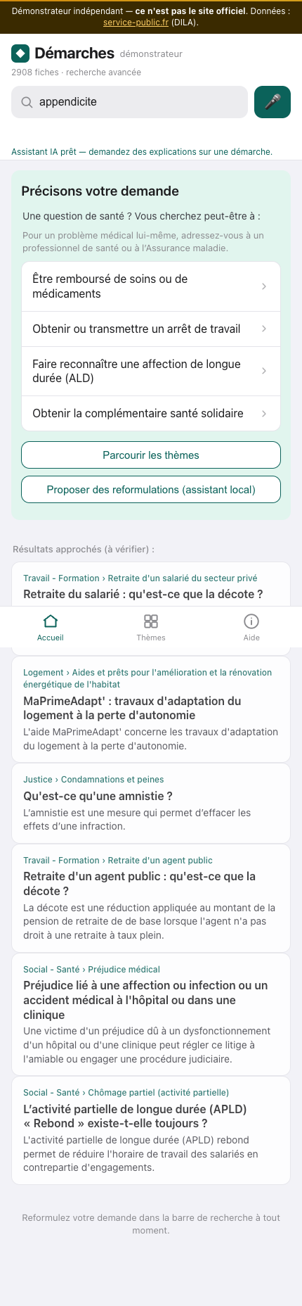 Reformulation active : la recherche « appendicite » propose des démarches précises à valider