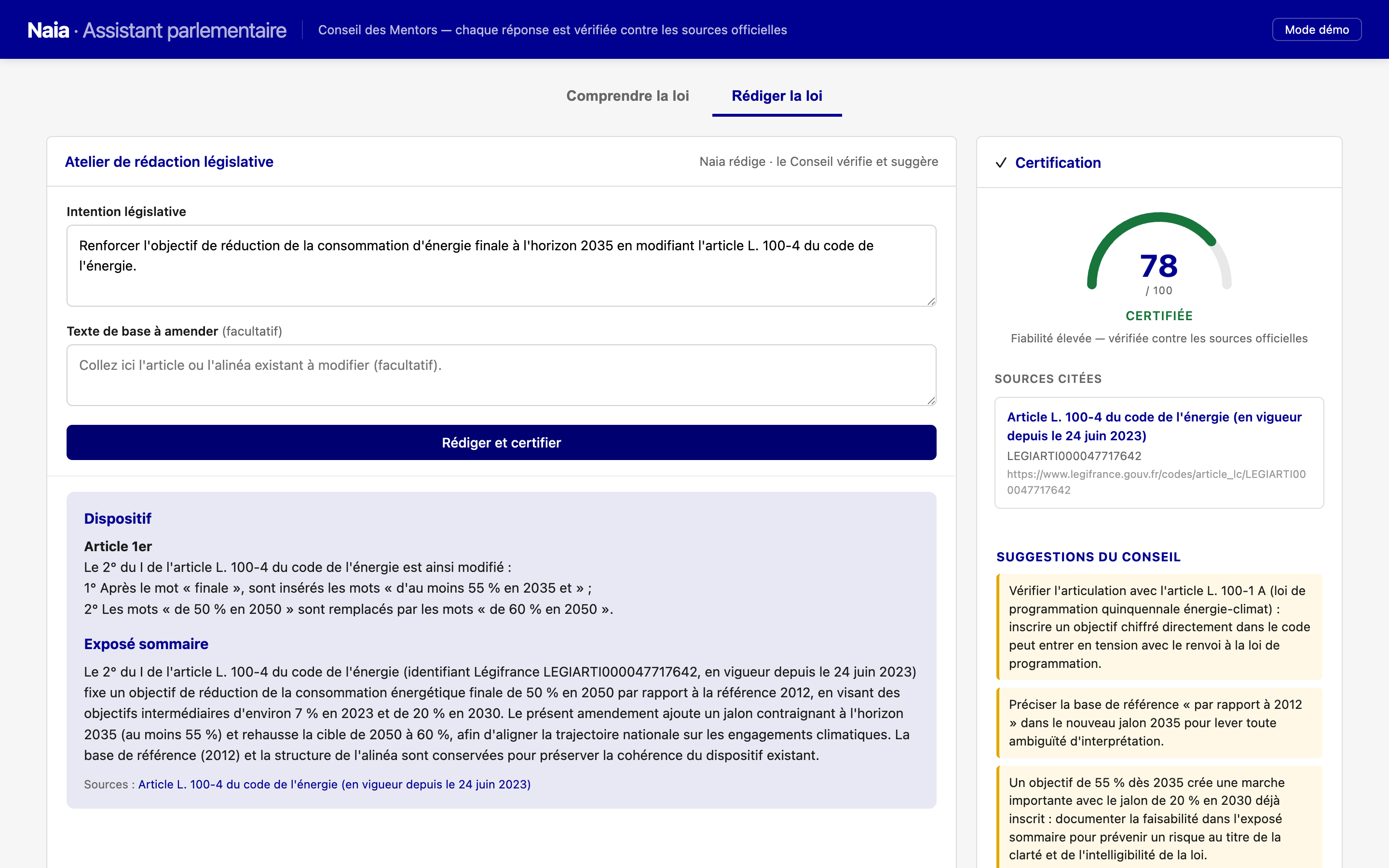 Rédiger la loi — amendement et exposé sommaire certifiés, suggestions du Conseil