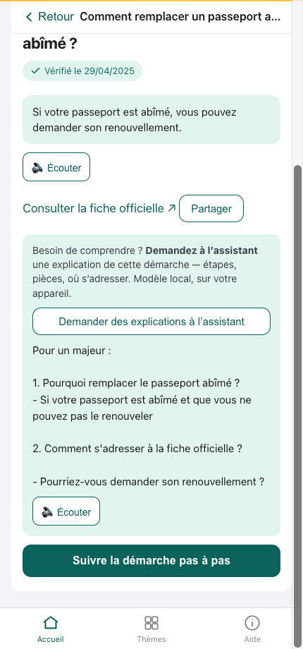 Fiche d'une démarche : explication par l'assistant local, lecture vocale et déroulé pas à pas