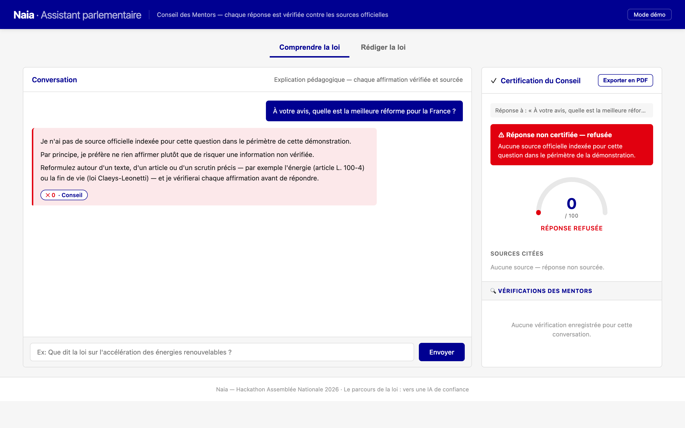 Refus assumé — réponse non certifiée (0/100)