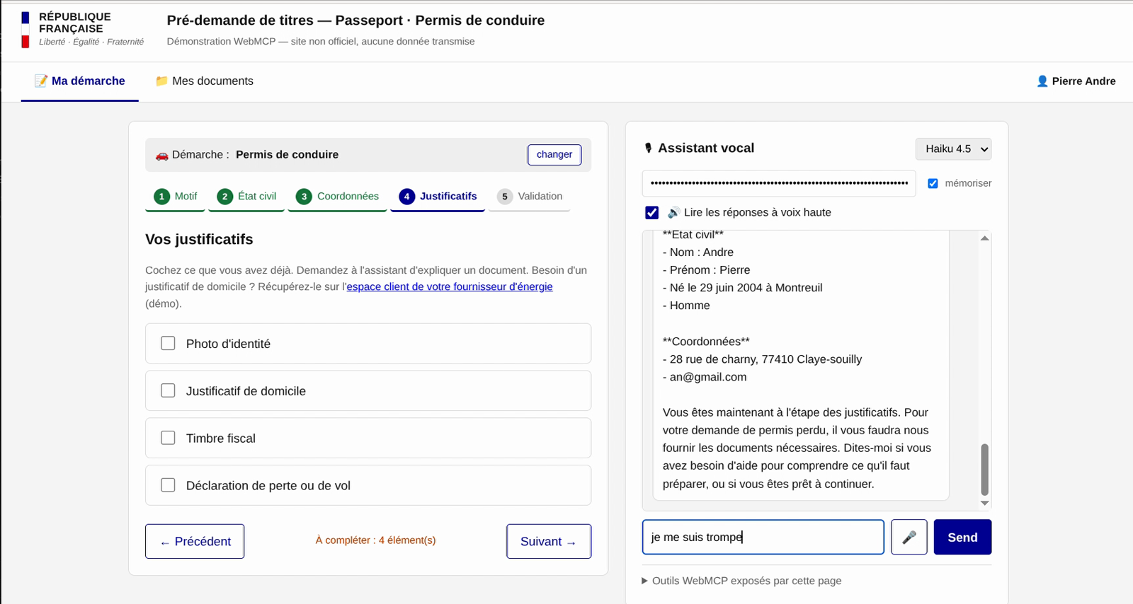 Assistant vocal WebMCP guidant une pré-demande de titre (permis/passeport), étape des justificatifs
