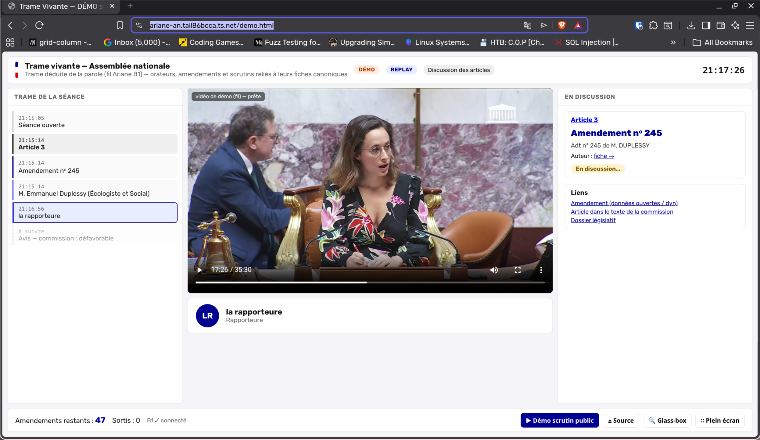 L'interface d'Ariane — frise chronologique de la séance et vidéo synchronisée