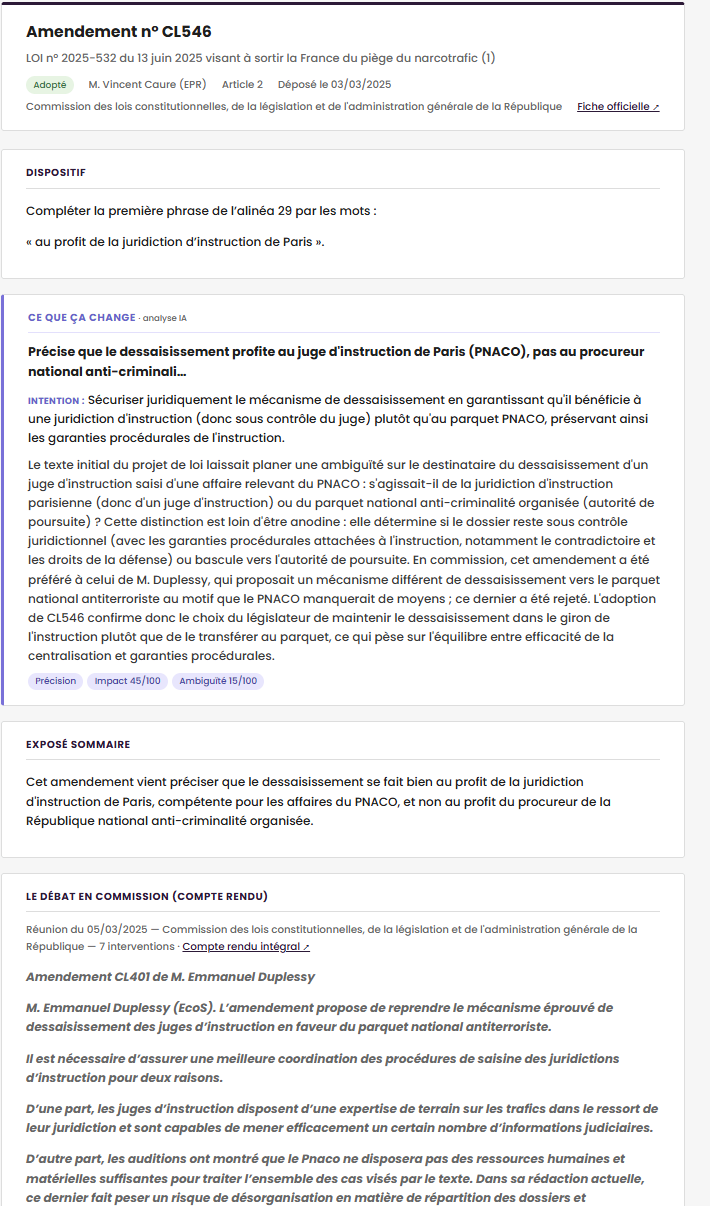 Fiche amendement avec analyse IA et débat