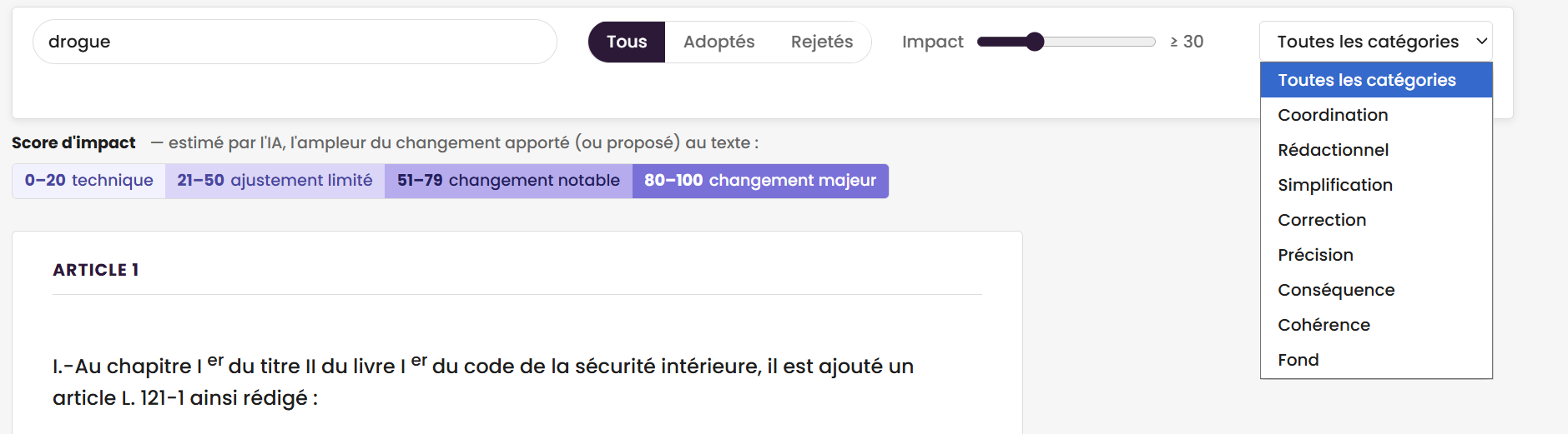 Filtres par mot-clé, statut, impact et catégorie