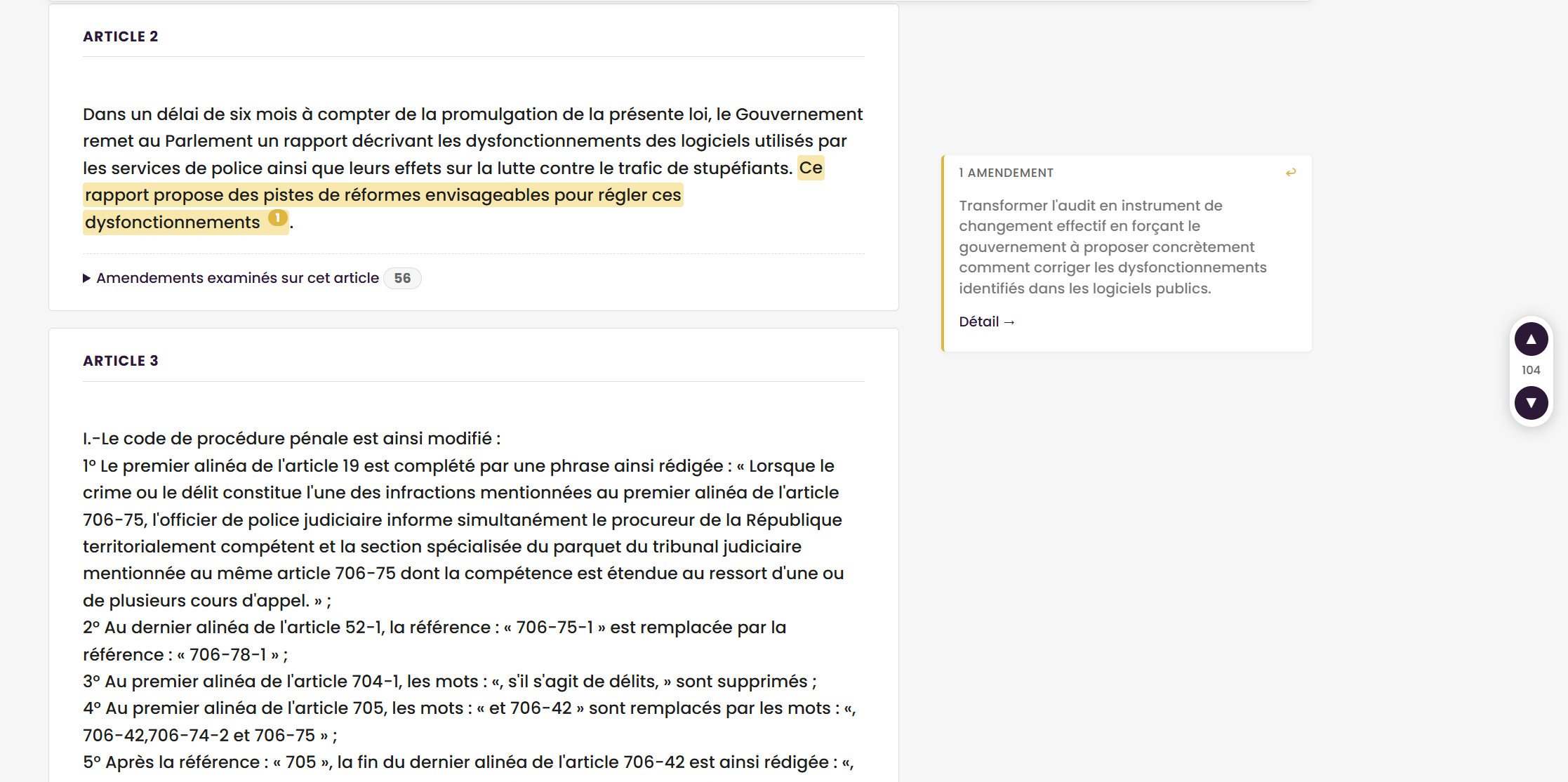 Vue Rayon X : texte surligné et amendement à l'origine