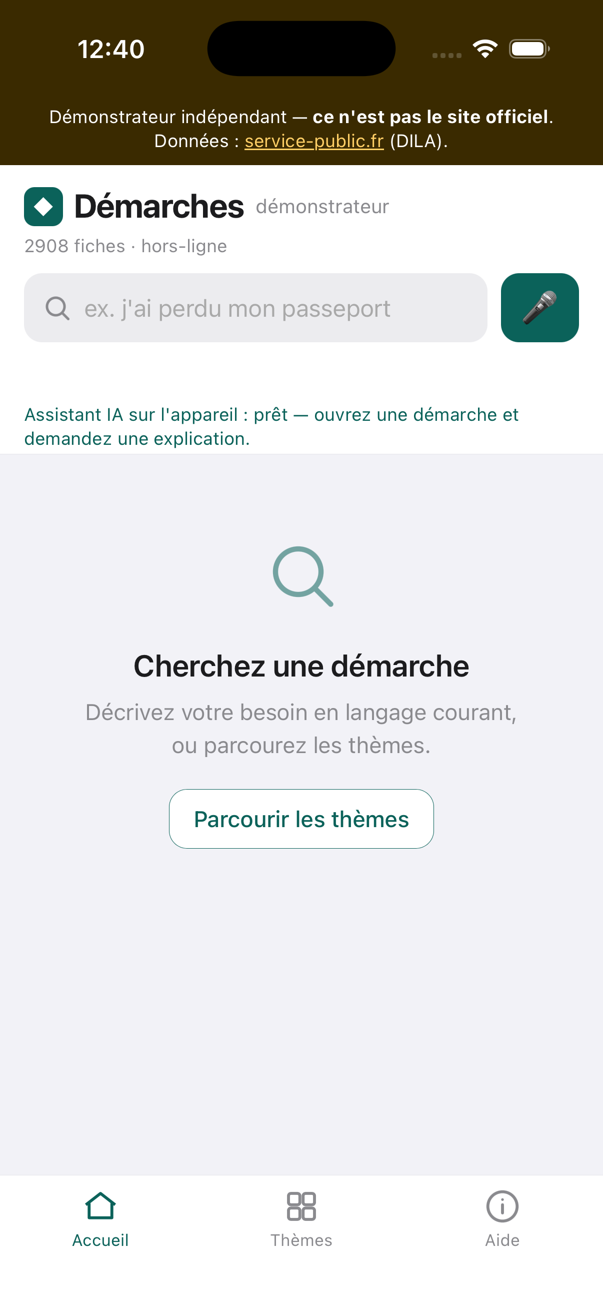Application native sur iPhone (simulateur) : écran d'accueil, 2 908 fiches disponibles en hors-ligne