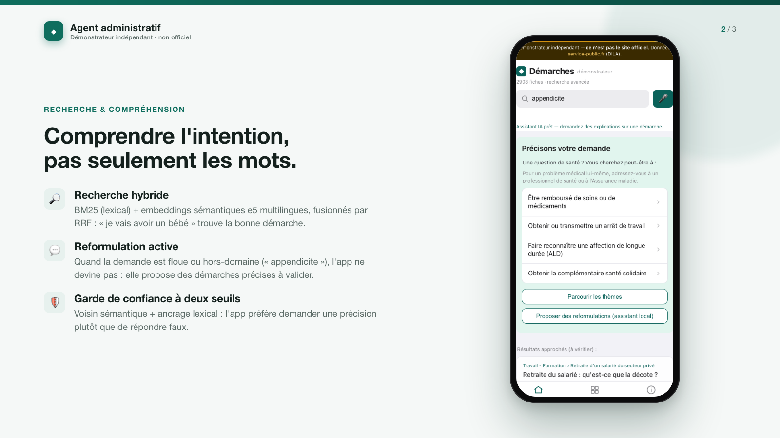 Diapositive 2 — Comprendre l'intention : recherche hybride (BM25 + e5) et reformulation active