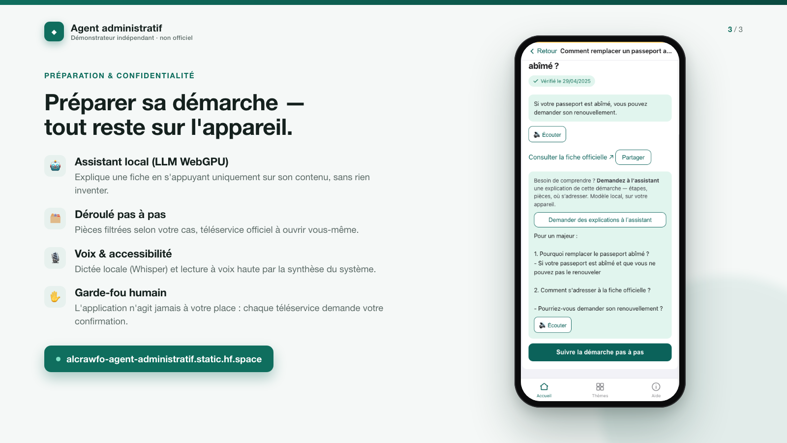 Diapositive 3 — Préparer sa démarche : assistant local, déroulé pas à pas, tout reste sur l'appareil